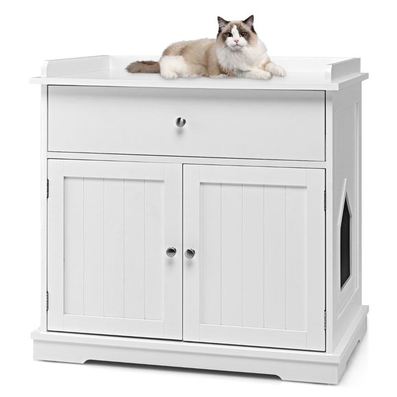 NNECW Modern Cat Litter Box Enclosure with Drawer & 2 Doors-White