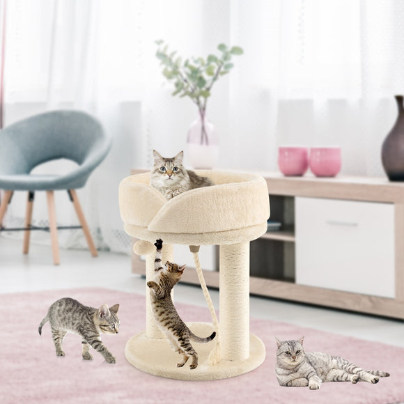 NNECW 4-in-1 Cat Climbing Tree Tower with Soft Top Perch & Padded Base-Beige