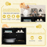 NNECW Cat Litter Box Enclosure with Double Doors & Scratch Cardboard-Black