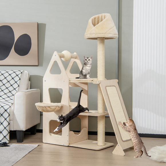 NNECW Multi-Layer Wooden Cat Tree with Plush Perch for Kitten