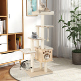 NNECW Modern Wooden Cat Tower with Scratching Posts Washable Cushion