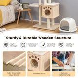 NNECW Modern Wooden Cat Tower with Scratching Posts Washable Cushion