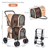 NNECW 4-in-1 Double Pet Stroller with Detachable Carrier for Cats Travel-Beige