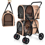 NNECW 4-in-1 Double Pet Stroller with Detachable Carrier for Cats Travel-Beige
