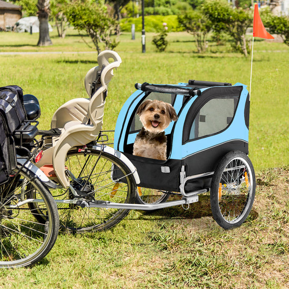 NNECW Folding Pet Bike Trailer with 3 Zippered Doors and 8 Reflectors-Blue