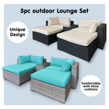NNEDPE Rattan Outdoor 5pc Corner Chairs Ottoman Furniture Lounge - Aqua