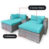 NNEDPE Rattan Outdoor 5pc Corner Chairs Ottoman Furniture Lounge - Aqua