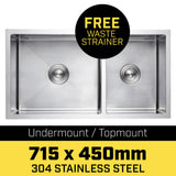 NNEDPE 304 Stainless Steel Undermount Topmount Kitchen Laundry Sink - 715 x 450mm
