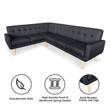 NNEDPE Faux Linen Corner Wooden Sofa Futon Lounge L-shaped with Chaise Black