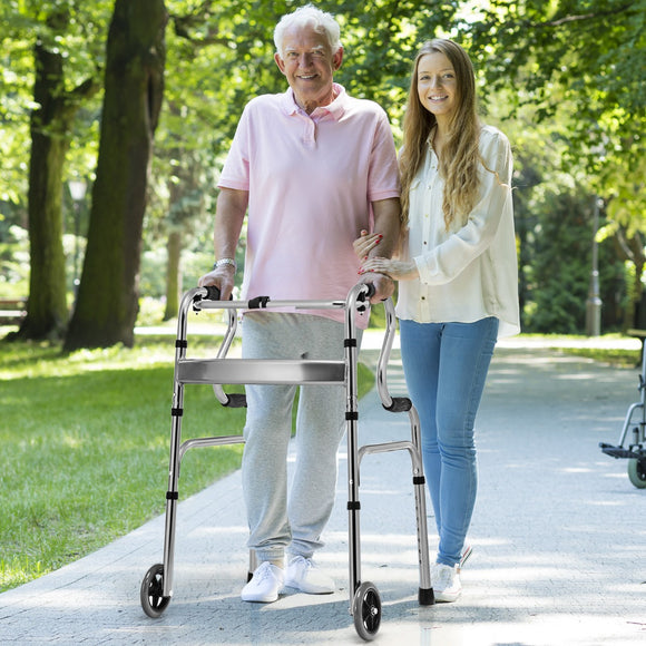 NNECW Folding Walker with Unidirectional Wheels and Bi-Level Armrests-Gray