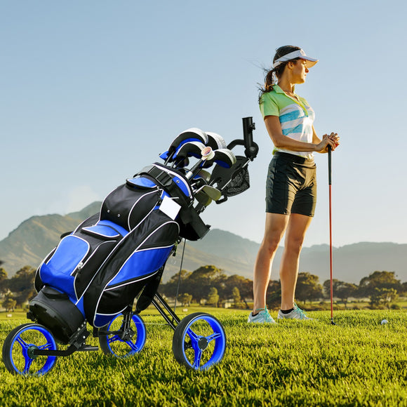 NNECW 3-Wheel Folding Golf Push Cart with Adjustable Handle & Padded Seat-Blue