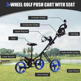 NNECW 3-Wheel Folding Golf Push Cart with Adjustable Handle &amp Padded Seat-Blue