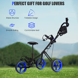 NNECW 3-Wheel Folding Golf Push Cart with Adjustable Handle &amp Padded Seat-Blue