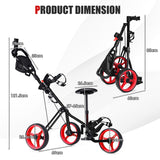 NNECW 3-Wheel Folding Golf Push Cart with Adjustable Handle &amp Padded Seat-Red