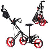 NNECW 3-Wheel Folding Golf Push Cart with Adjustable Handle &amp Padded Seat-Red