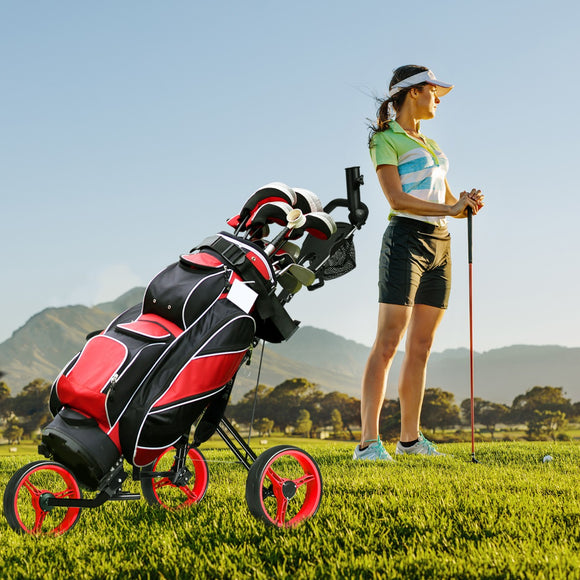 NNECW 3-Wheel Folding Golf Push Cart with Adjustable Handle & Padded Seat-Red