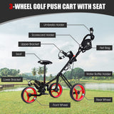 NNECW 3-Wheel Folding Golf Push Cart with Adjustable Handle &amp Padded Seat-Red