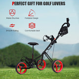 NNECW 3-Wheel Folding Golf Push Cart with Adjustable Handle &amp Padded Seat-Red