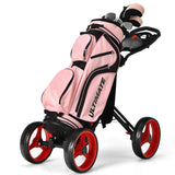 NNECW 4 Wheels Aluminum Golf Push Pull Cart With Adjustable Umbrella Holder for Outdoor Use-Red