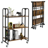 NNECW 2/3/4-Tier Industrial Folding Rolling Cart with Metal Frame for Kitchen-3-Tier