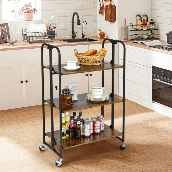 NNECW 2/3/4-Tier Industrial Folding Rolling Cart with Metal Frame for Kitchen-3-Tier