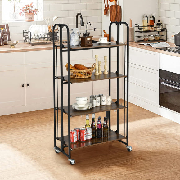 NNECW 2/3/4-Tier Industrial Folding Rolling Cart with Metal Frame for Kitchen-4-Tier