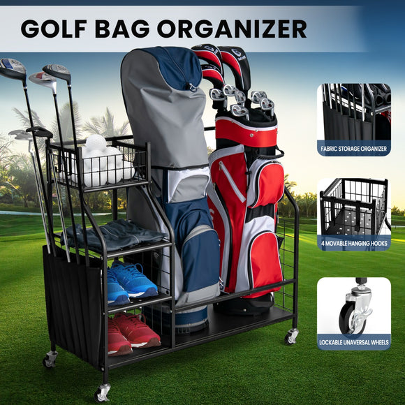 NNECW Golf Bag Storage Rack with Lockable Universal Wheels for Golfing Equipment