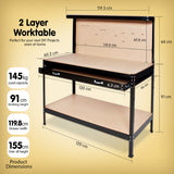 NNEDPE 2-Layered Work Bench Garage Storage Table Tool Shop Shelf