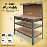 NNEDPE 3-Layered Work Bench Garage Storage Table Tool Shop Shelf Silver