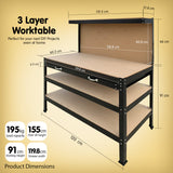 NNEDPE 3-layer Steel Work Bench Garage Storage Table Tool Shop Shelf Pegboard Drawer