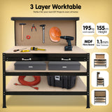 NNEDPE 3-layer Steel Work Bench Garage Storage Table Tool Shop Shelf Pegboard Drawer