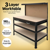 NNEDPE 3-layer Steel Work Bench Garage Storage Table Tool Shop Shelf Pegboard Drawer
