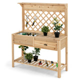 NNECW Wood Raised Garden Bed with Trellis & Open Storage Shelf & Drawer
