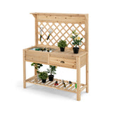 NNECW Wood Raised Garden Bed with Trellis & Open Storage Shelf & Drawer