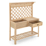 NNECW Wood Raised Garden Bed with Trellis & Open Storage Shelf & Drawer