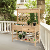 NNECW Wood Raised Garden Bed with Trellis & Open Storage Shelf & Drawer