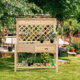 NNECW Wood Raised Garden Bed with Trellis & Open Storage Shelf & Drawer