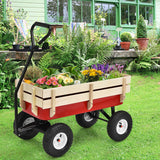 NNECW All Terrain Outdoor Steel Wagon with Wood Railing Panels for Backyard