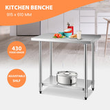 NNECW 91.5 x 61CM Stainless Kitchen Work Table with Height Adjustable Shelf & Feet