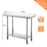 NNECW 91.5 x 61CM Stainless Kitchen Work Table with Height Adjustable Shelf & Feet