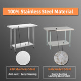 NNECW 91.5 x 61CM Stainless Kitchen Work Table with Height Adjustable Shelf & Feet