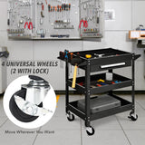 NNECW 3-Tray Rolling Utility Cart with Drawer and Wheels for Garage and Warehouse-Black