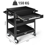 NNECW 3-Tray Rolling Utility Cart with Drawer and Wheels for Garage and Warehouse-Black
