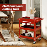 NNECW 3-Tray Rolling Utility Cart with Drawer and Wheels for Garage and Warehouse-Red