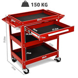 NNECW 3-Tray Rolling Utility Cart with Drawer and Wheels for Garage and Warehouse-Red