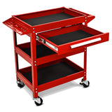 NNECW 3-Tray Rolling Utility Cart with Drawer and Wheels for Garage and Warehouse-Red