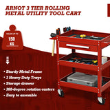 NNECW 3-Tray Rolling Utility Cart with Drawer and Wheels for Garage and Warehouse-Red