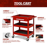 NNECW 3-Tray Rolling Utility Cart with Drawer and Wheels for Garage and Warehouse-Red
