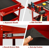 NNECW 3-Tray Rolling Utility Cart with Drawer and Wheels for Garage and Warehouse-Red