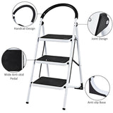 NNECW Folding 3 Steps Iron Stepladder with Platform & Handrail